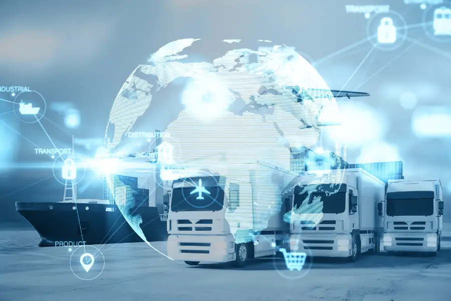 global distribution image with the world, lorries and a ship