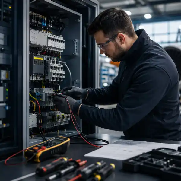 Technician testing components inside an electrical power equipment cabinet, supporting reliable long-term operation for power conversion and measurement systems.
