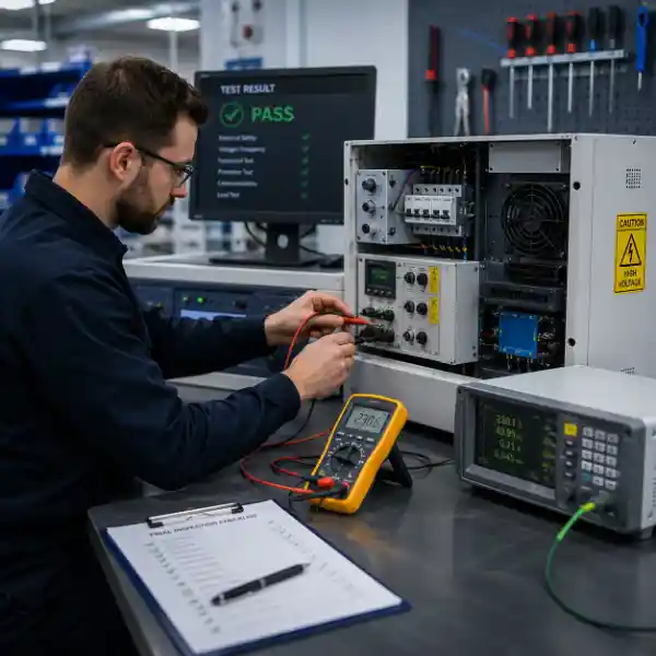 Technician testing electrical power equipment in a PX Electronics workshop with measurement instruments, test probes and inspection documentation.