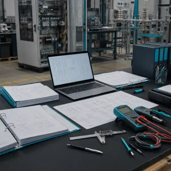 Engineering documentation desk in an electrical equipment workshop with technical drawings, test records, calibration paperwork, laptop diagrams, and measuring instruments.