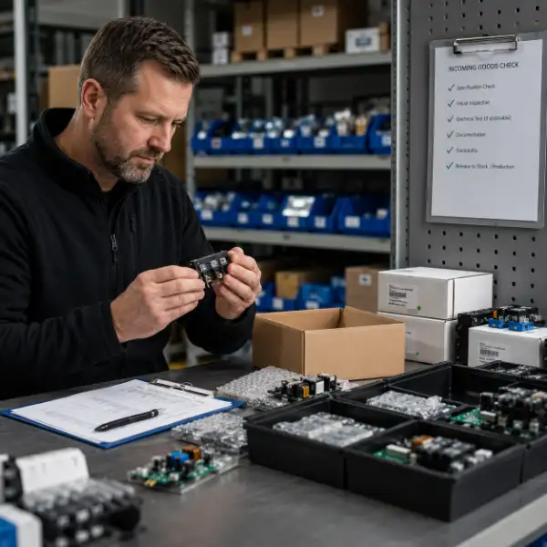 Technician inspecting electronic components and incoming goods for use in specialist electrical power equipment production.